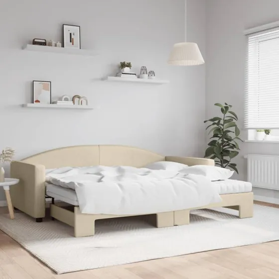 Daybed med udtræk og madras 90x200 cm – creme stof
