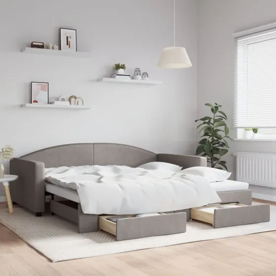 Daybed med udtræk & skuffer 100x200 cm – gråbrun stof