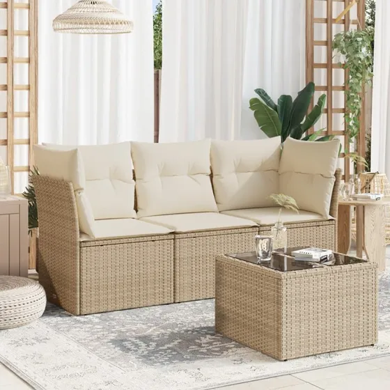Sofasæt til haven 4 dele i polyrattan med hynder (beige)