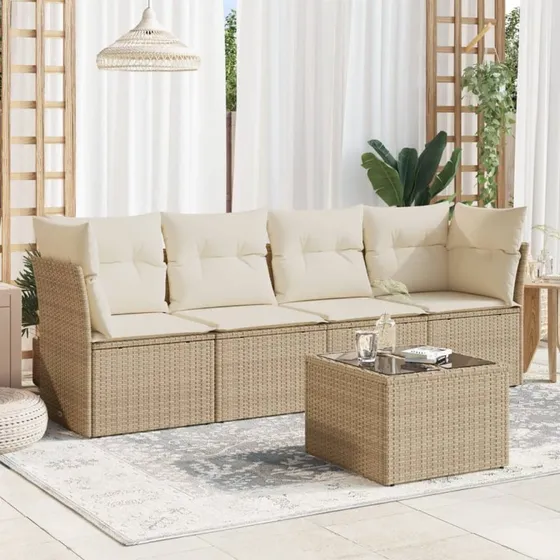 5-dele polyrattan sofasæt til have med hynder, beige