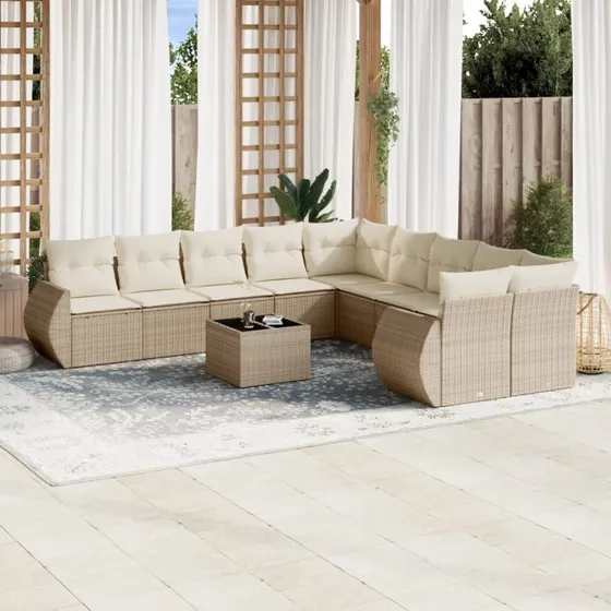 Havesofasæt 11 dele polyrattan med hynder - Beige