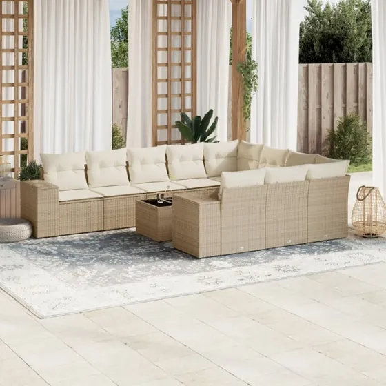 Havesofasæt 11 dele polyrattan beige med hynder