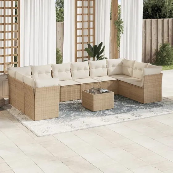 Havesofasæt 11 dele polyrattan med hynder - beige