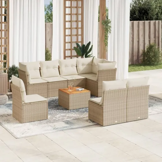 Havesofasæt 9 dele i beige polyrattan inkl. hynder