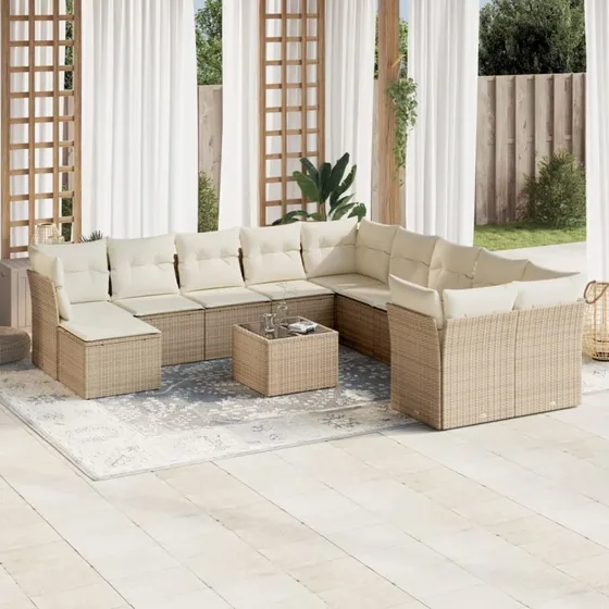 Sofasæt til haven 12 dele i polyrattan med hynder - beige