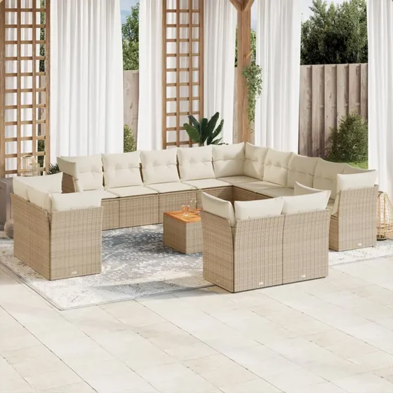 Havesæt 14 dele i polyrattan med hynder – beige