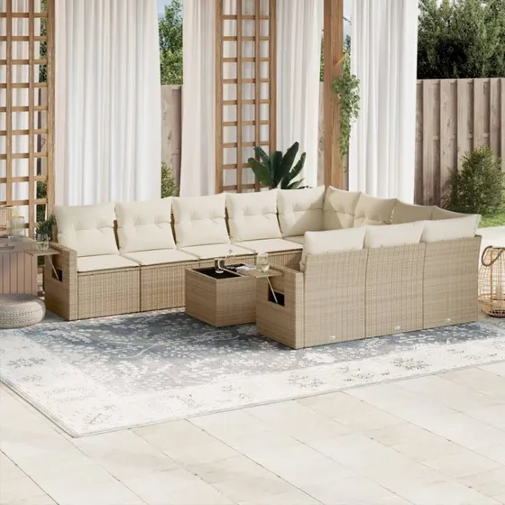 Sofasæt til haven 11 dele i polyrattan med hynder, beige