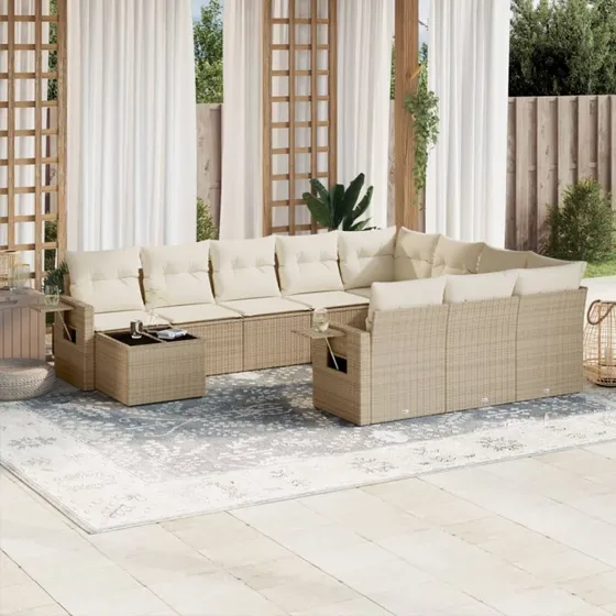 11-delers havemøbelsæt i polyrattan med hynder, beige