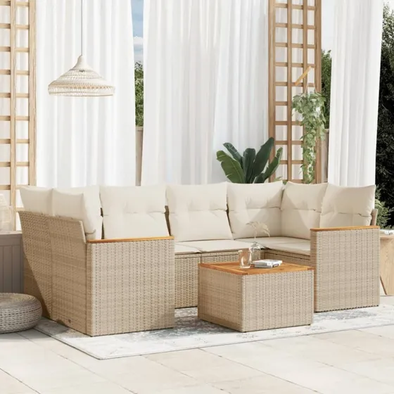 Havesæt 7 dele i polyrattan med hynder - beige