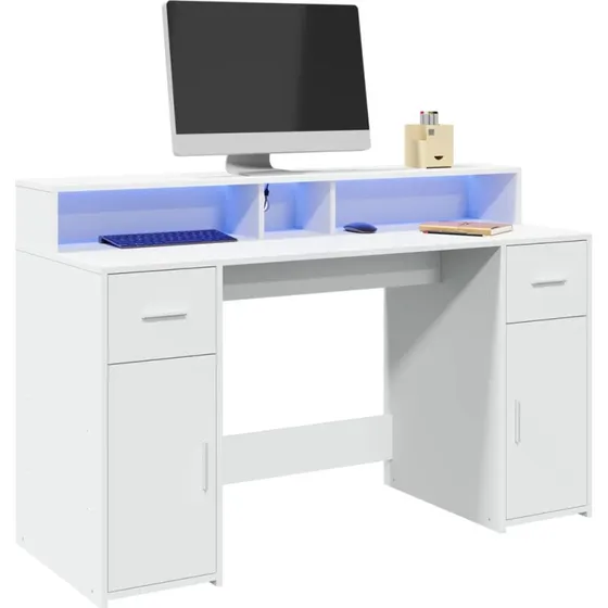Skrivebord 140x55x91 cm med RGB LED, hvidt konstrueret træ