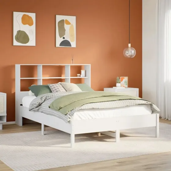 Seng med reol 140x200 i massivt fyrretræ, hvid