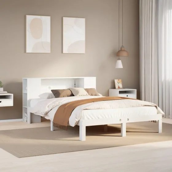 Seng med reol 160x200 cm i massivt fyrretræ, hvid