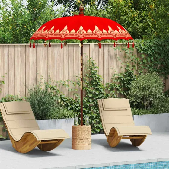 Balinesisk parasol rød 185×185×260 cm - bomuld & træ
