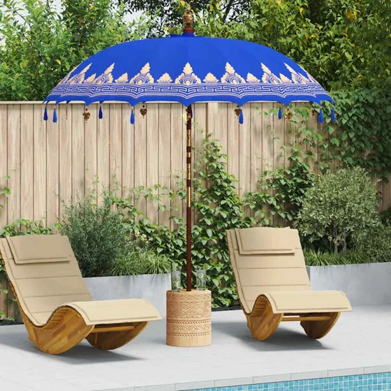Balinesisk parasol blå 215x215x260 cm – bomuld & træ