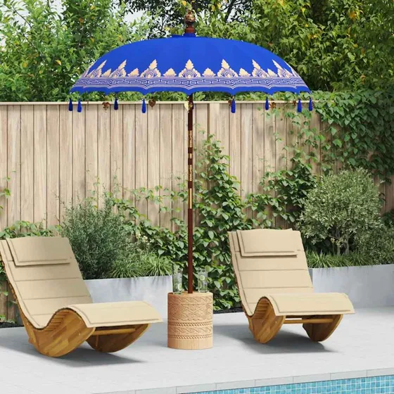 Balinesisk parasol blå 185x185x260 cm – bomuld & træ