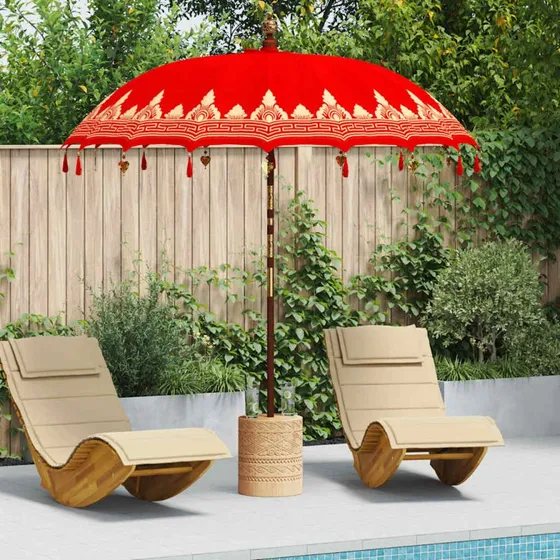 Balinesisk parasol rød 215x215x260 cm - bomuld & træ