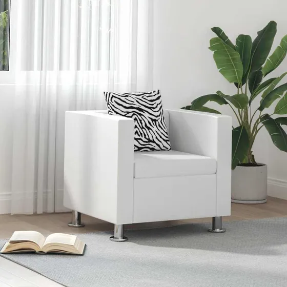 Lænestol i hvidt kunstlæder, moderne kubedesign