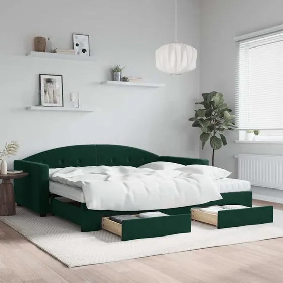 Daybed med udtræk og skuffer 100x200 cm - velour mørkegrøn