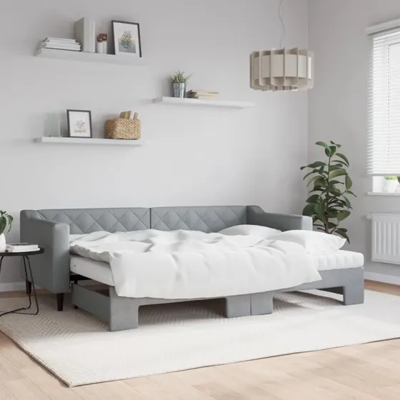 Daybed med udtræk og madras 80x200 cm – lysegrå stof