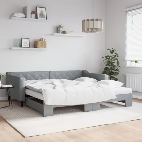 Daybed med udtræk og madras 100x200 cm – lysegrå stof