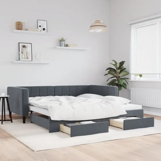 Daybed med udtræk & skuffer 100x200 cm velour mørkegrå