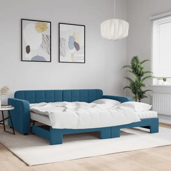 Daybed med udtræk og madras 90x200 cm – blå velour