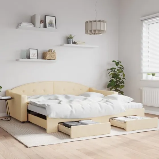 Daybed med udtræk og skuffer 100x200 cm – creme stof