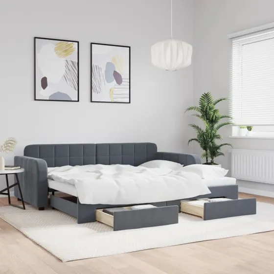 Daybed med udtræk og skuffer 90x200 cm - mørkegrå velour