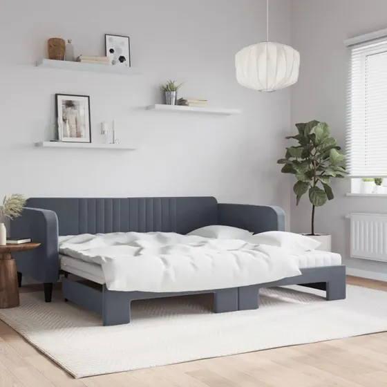 Daybed med udtræk og madras 100x200 cm - velour mørkegrå