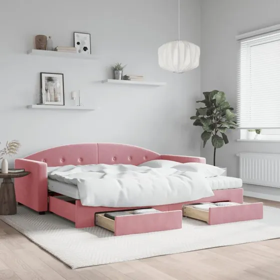 Daybed 90x200 med udtræk og skuffer i velour - lyserød