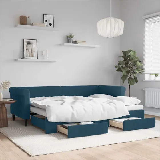 Daybed med udtræk og 2 skuffer 80x200 cm, blå stof
