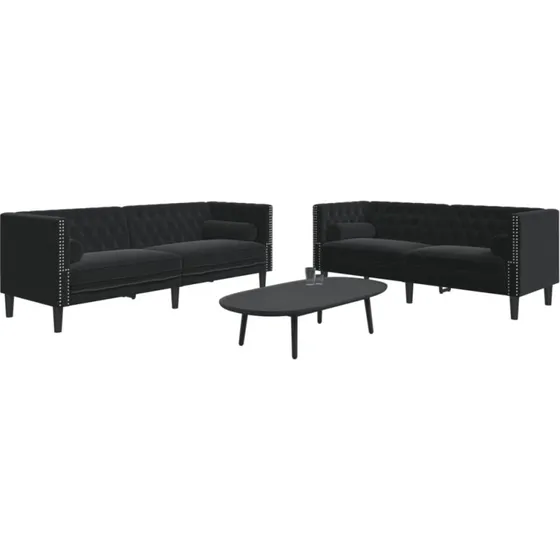 Chesterfield 2-personers sofasæt i sort fløjl med puder