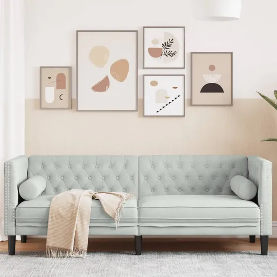 Chesterfield 3-personers sofa i lysegrå fløjl med bolsterpuder