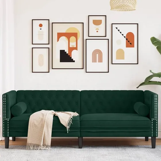 3-personers Chesterfield sofa i mørkegrøn fløjl med bolsterpuder