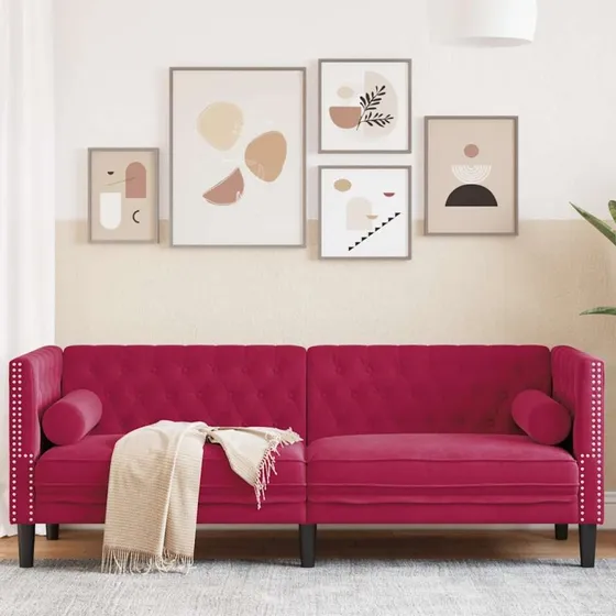 3-personers Chesterfield-sofa i vinrød fløjl med bolsterpuder