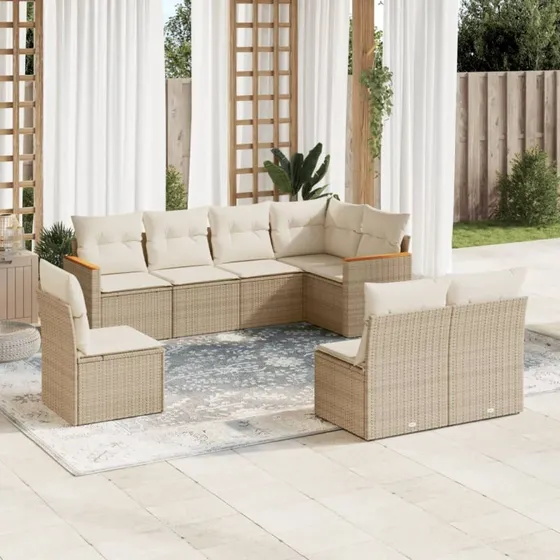 8-delers havesofasæt i polyrattan med hynder - beige