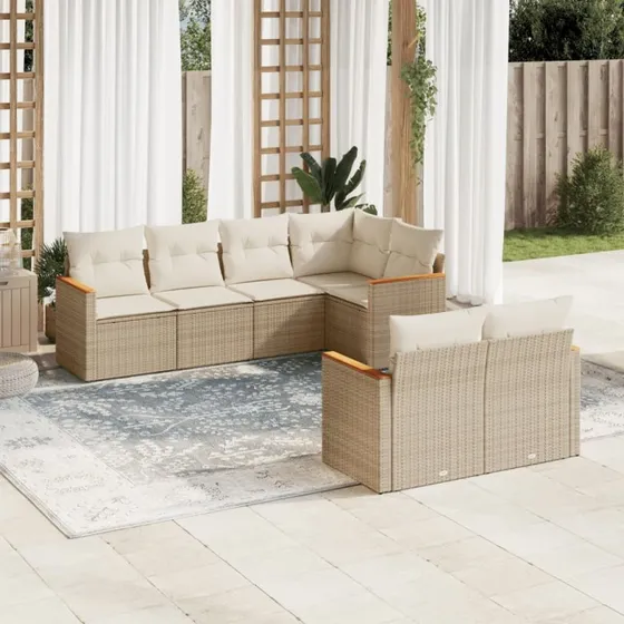 7-delt havemøbelsæt i polyrattan med hynder - beige