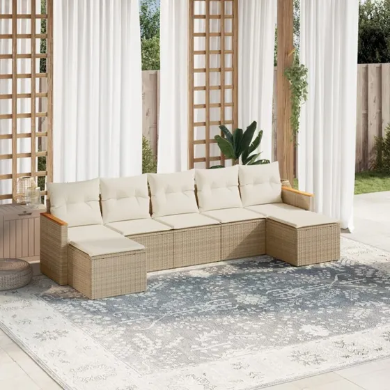 Havesofasæt 7 dele i polyrattan med hynder – beige