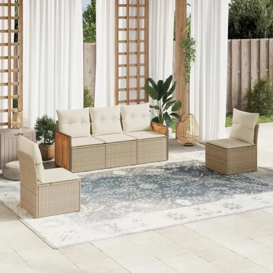Havesofasæt 5 dele polyrattan med hynder - beige