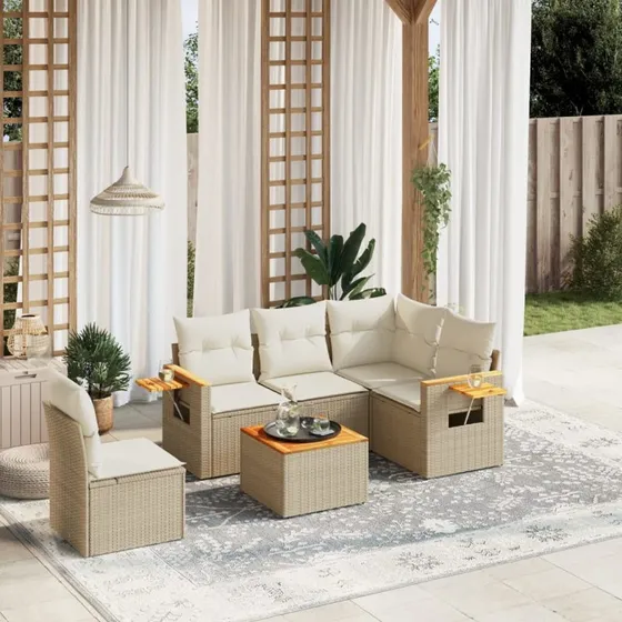6-dele polyrattan sofasæt til haven med hynder – beige