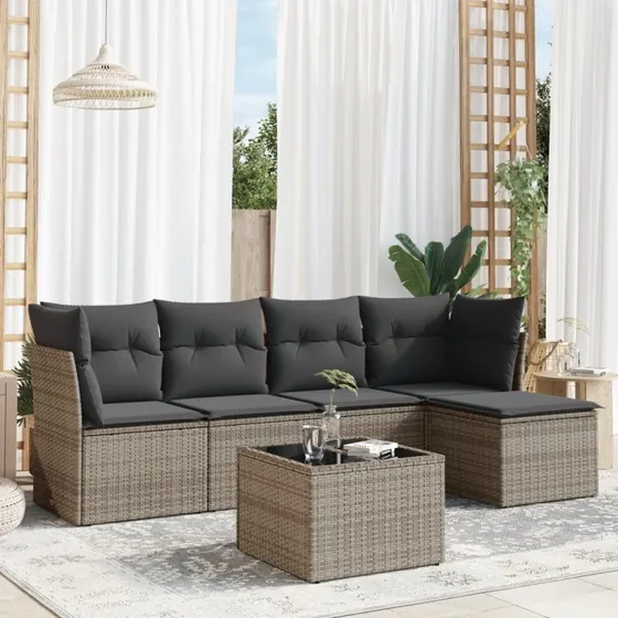 Havesofasæt 6 dele i grå polyrattan med hynder
