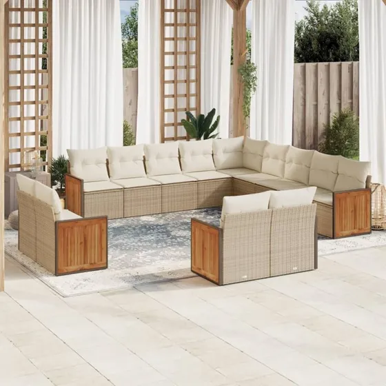 13-dele havemøbelsæt i polyrattan med hynder - beige