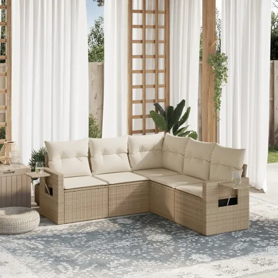 Havesofasæt 5 dele polyrattan beige m. hynder