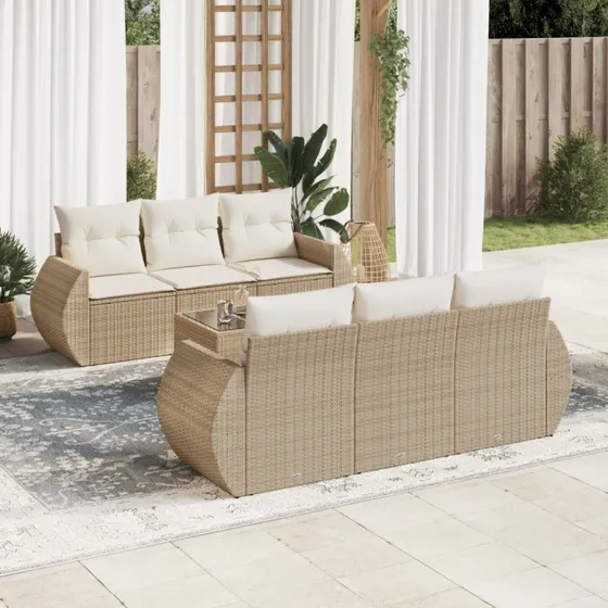 7-delt havemøbelsæt i polyrattan med hynder, beige
