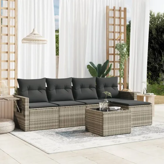 Havesofasæt 6 dele i lysegrå polyrattan med hynder