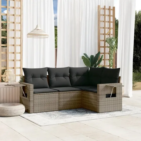 Sofasæt til haven 4 dele i grå polyrattan med hynder