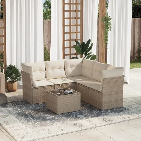 Sofasæt 6 dele i polyrattan med hynder – Beige