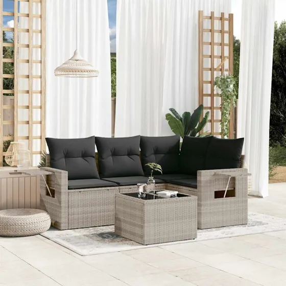Sofasæt 5 dele i polyrattan med hynder, lysegrå