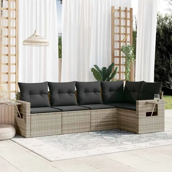 Sofasæt 5 dele i polyrattan med lysegrå hynder