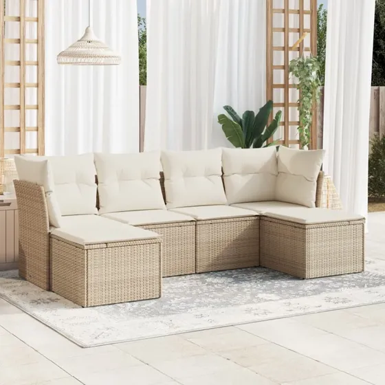 Havesæt 6 dele i polyrattan med hynder - beige